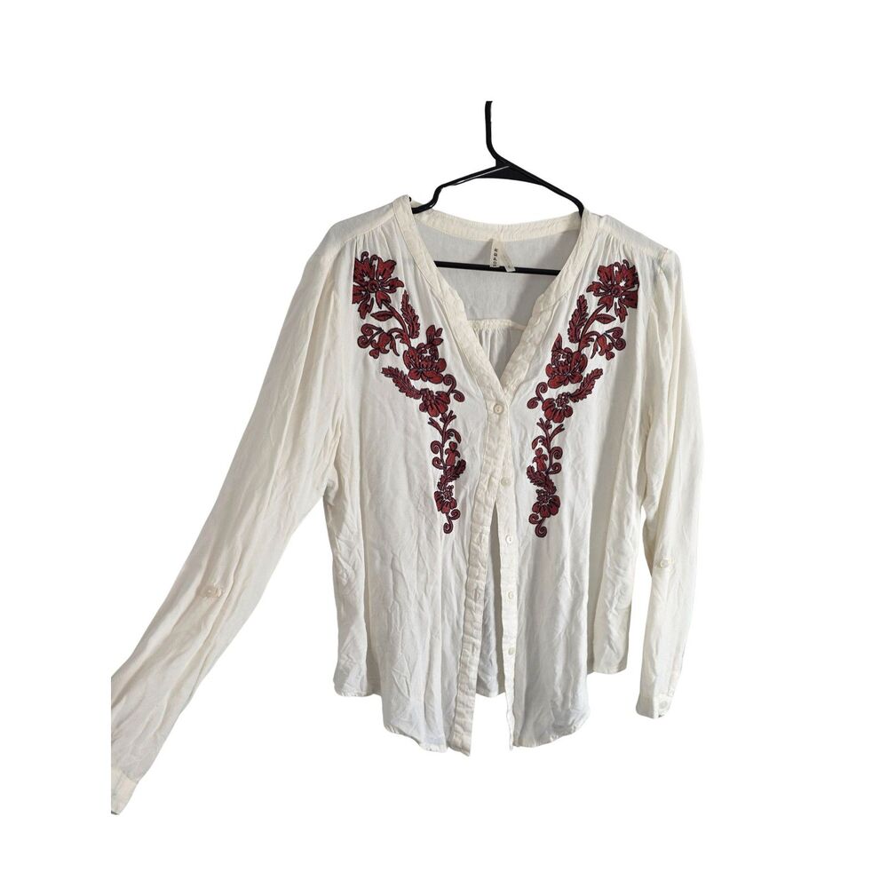 ROPER Cream Floral Embroidered Western Boho Peasant Blouse Shirt Size L